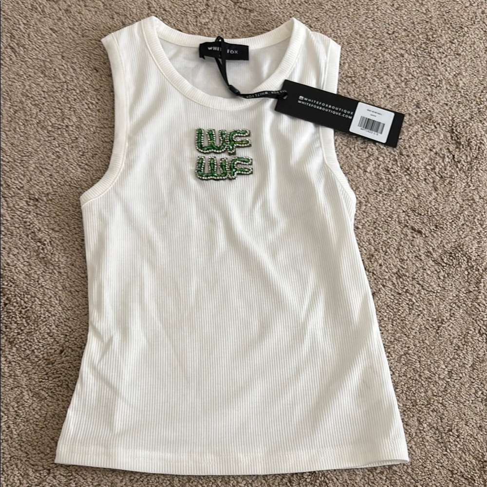 White Fox Boutique White Tank Top with Green Embroidery